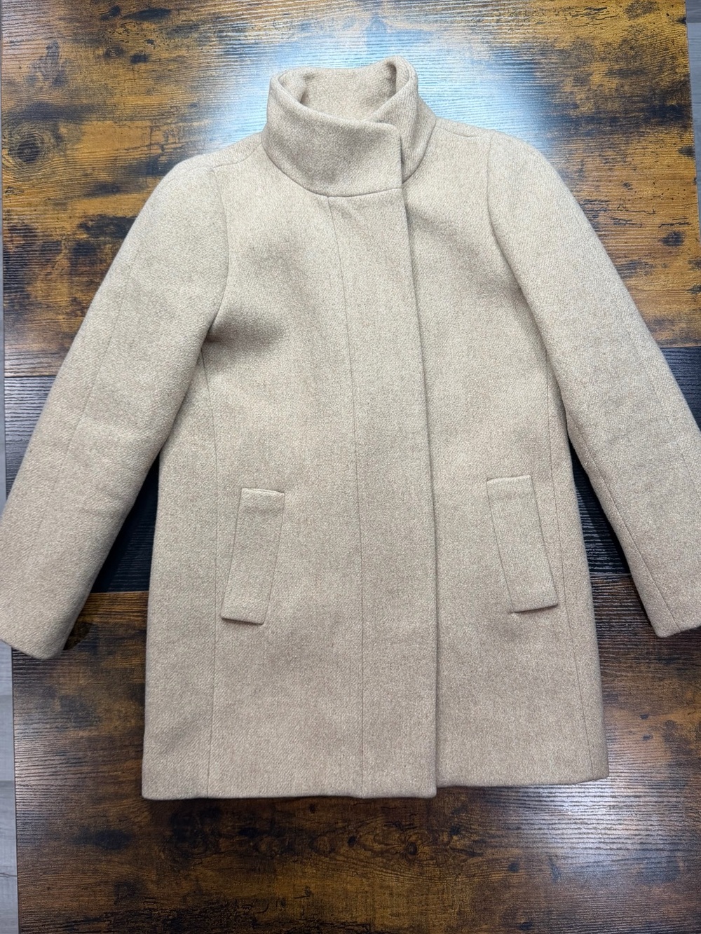 J. Crew Mercantile Camel Tan Wool Blend Funnel Neck City Coat Petite 2P J6203
